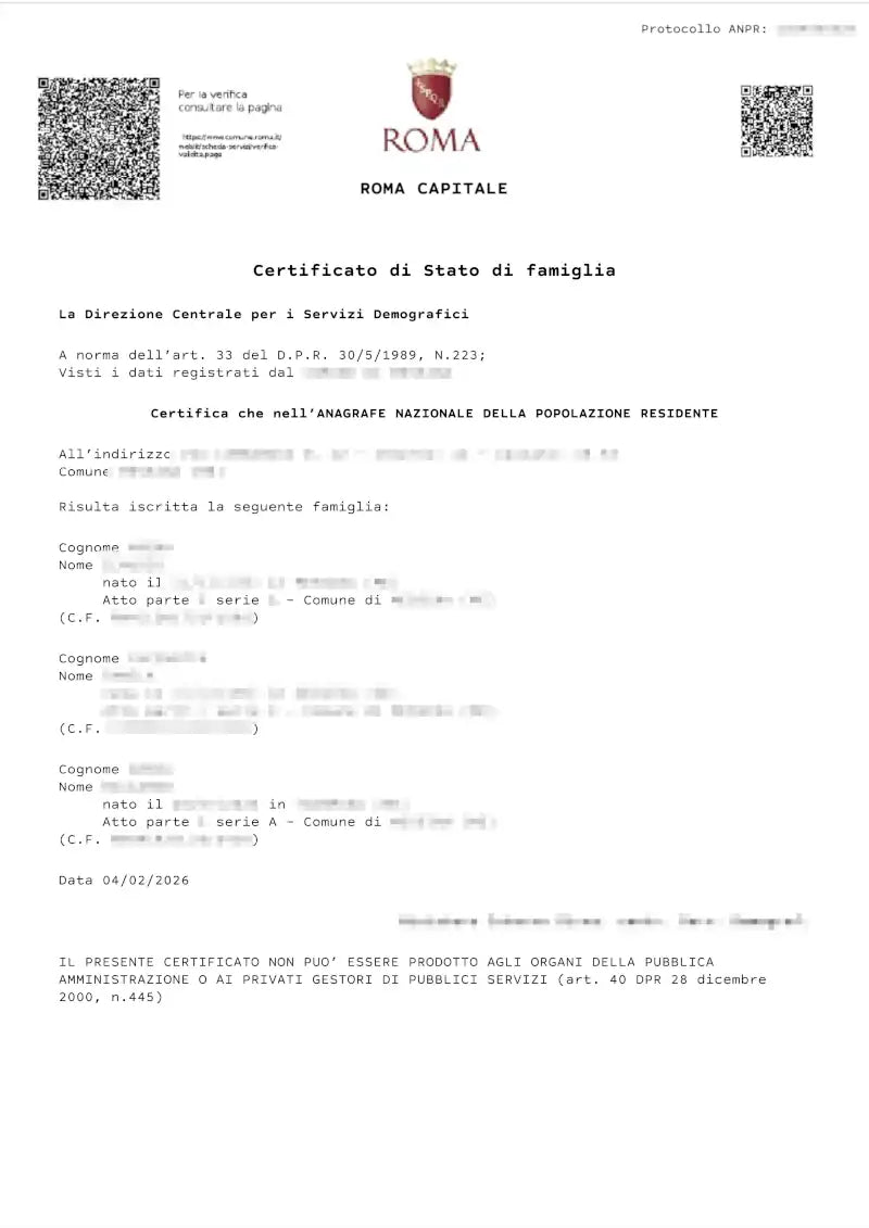 certificato di stato di famiglia